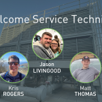 Welcome message for field service technicians featuring five individuals in circular frames: Jordan Doster, Kris Rogers, Jason Livingood, Matt Thomas, and Steven Pilco. The background showcases industrial equipment outdoors.