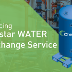 Green and blue promotional graphic featuring a water treatment tank with the Chemstar Water logo. Text reads, Introducing Chemstar WATER DI Exchange Service. Industrial equipment is visible in the background, highlighting our top-notch DI Service for efficient water solutions.
