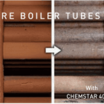 The image compares water tube boilers and fire boiler tubes before and after cleaning. Chemstar 404VP reveals a significant difference in cleanliness, with the cleaned section looking noticeably clearer.