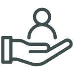Minimalistic icon of a hand holding a streamlined person figure, reminiscent of a water treatment suppliers commitment. The open palm symbolizes support and care, while the circular figure suggests holistic service.