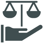 A dark gray icon depicts a hand palm-up, supporting a balanced scale. With two evenly balanced pans, it symbolizes justice or fairness—much like a trusted water treatment supplier ensuring pure and equal access to resources.