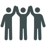 Icon of three simplistic, stick-figure-like people standing side by side with their arms raised, touching each others hands in the center—a harmonious symbol akin to a water treatment supplier uniting resources. The figures are uniformly colored in dark gray against a transparent background.