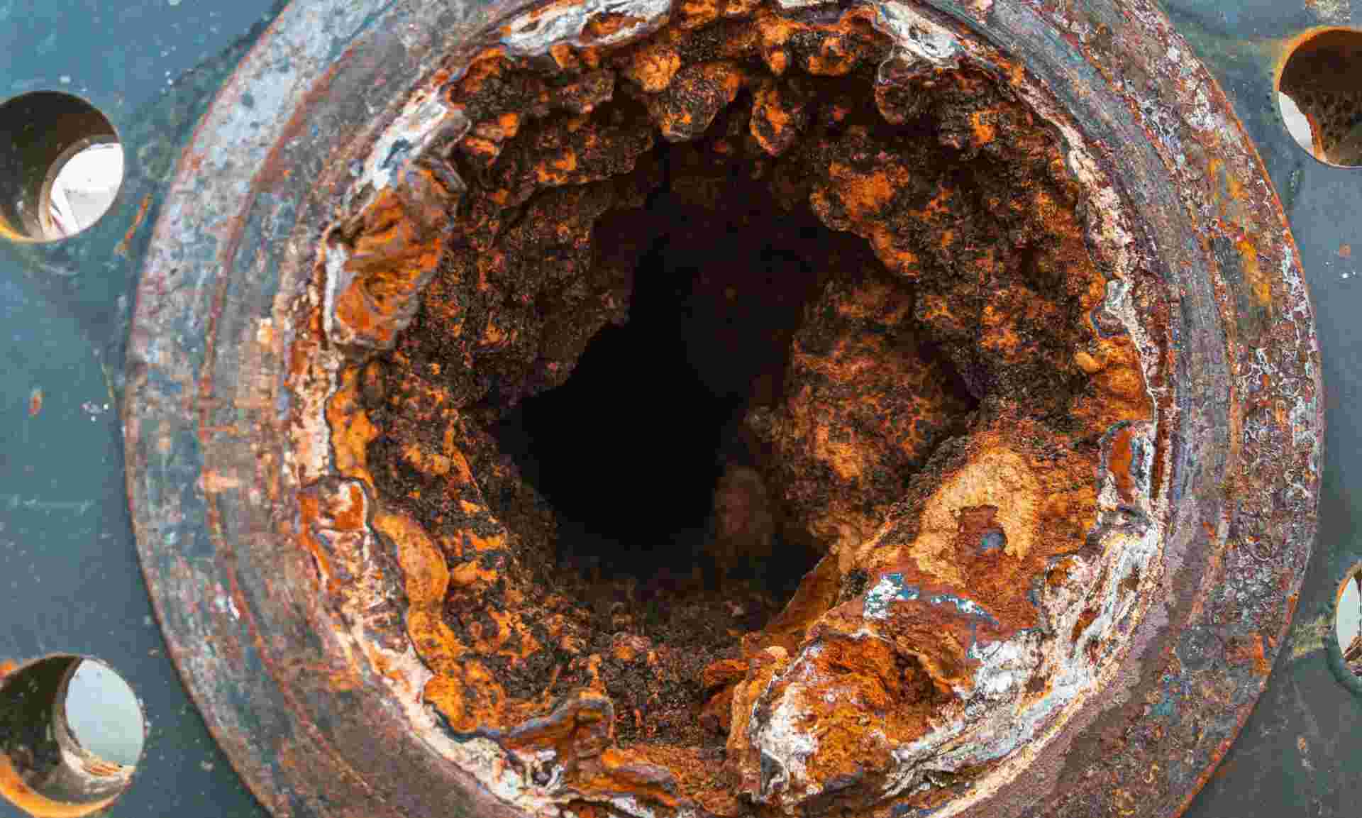 Close-up of a severely corroded and rusted metal pipe with a large hole in the center. The surrounding metal shows flaking and discoloration from galvanic corrosion, indicating significant deterioration over time.