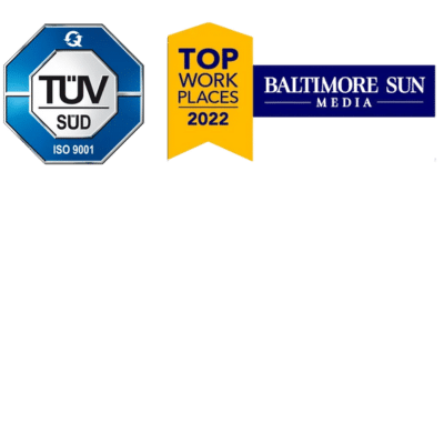 Three logos: TÜV SÜD ISO 9001 certification badge, a yellow Top Workplaces 2022 banner, and a blue Baltimore Sun Media logo on a black background.