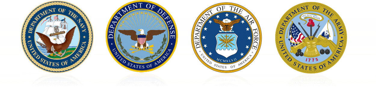 Four official seals for the U.S. military branches: Navy, Defense Department, Air Force, and Army, each with distinct symbols and text, displayed side by side on a white background.
