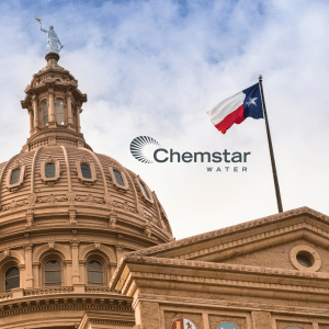 Data-Center-West-Texas- The Texas State Capitol dome with a waving Texas flag and a blue sky highlights Chemstar Water, underscoring its vital role in supporting West Texas data center water solutions. The Chemstar Water logo is superimposed in the center of the image.
