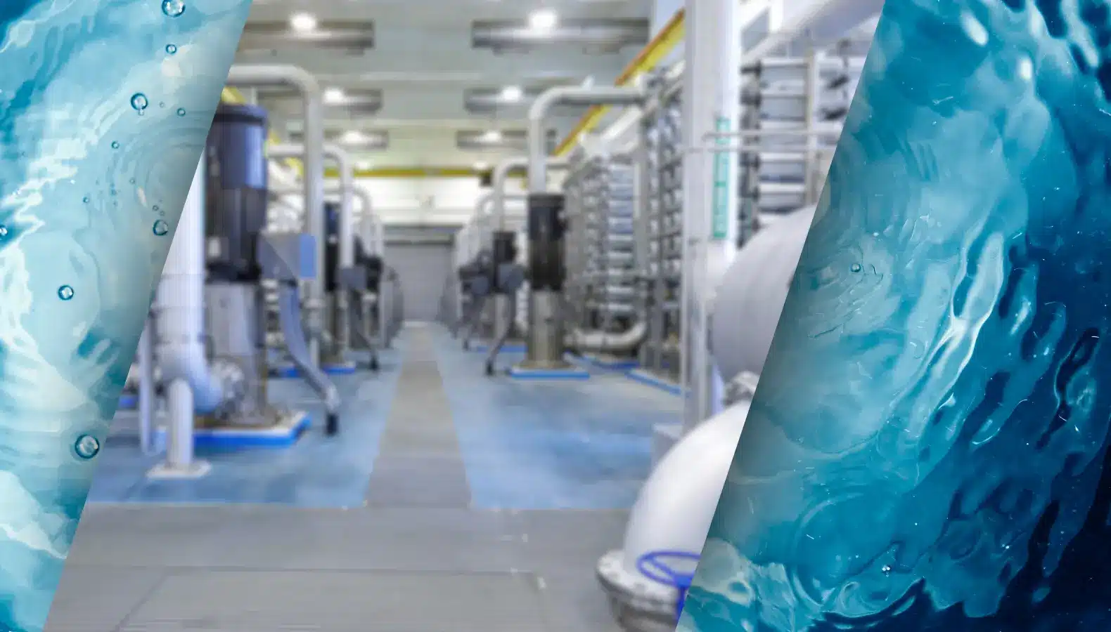 A modern industrial facility with pipes and machinery is shown, overlaid with blue-tinted images of swirling water, suggesting a water treatment or desalination plant.