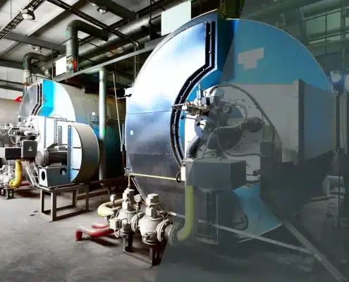 Two large industrial boilers in a modern facility, surrounded by pipes, valves, and pumps, with metal walls and overhead lighting visible in the background.