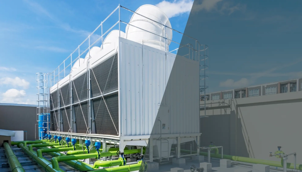 Large industrial cooling tower with multiple white cylindrical units and green pipes, set outdoors on a rooftop, depicted half in a real photo and half as a digital rendering.