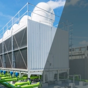 Large industrial cooling tower with multiple white cylindrical units and green pipes, set outdoors on a rooftop, depicted half in a real photo and half as a digital rendering.