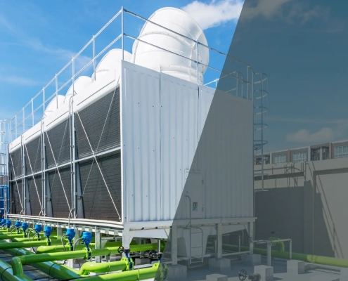 Large industrial cooling tower with multiple white cylindrical units and green pipes, set outdoors on a rooftop, depicted half in a real photo and half as a digital rendering.