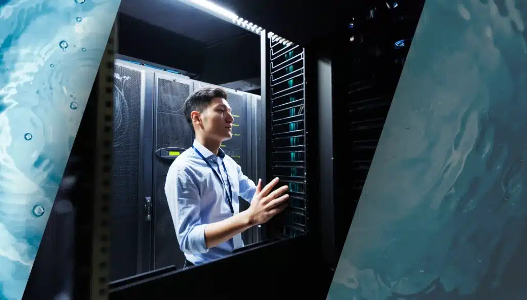 A man in business attire works in a server room, standing between tall racks of computer servers, as digital water textures flow on both sides of the image.
