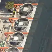 Aerial view of large industrial air conditioning units with visible fans and orange pipes on a rooftop, surrounded by smaller AC units and potted plants.