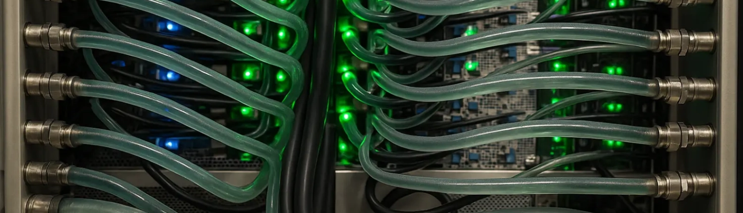 Close-up view of networking cables, liquid cooling pipes and illuminated green and blue LED lights on computer server racks, indicating active data connections and power status in a server room.