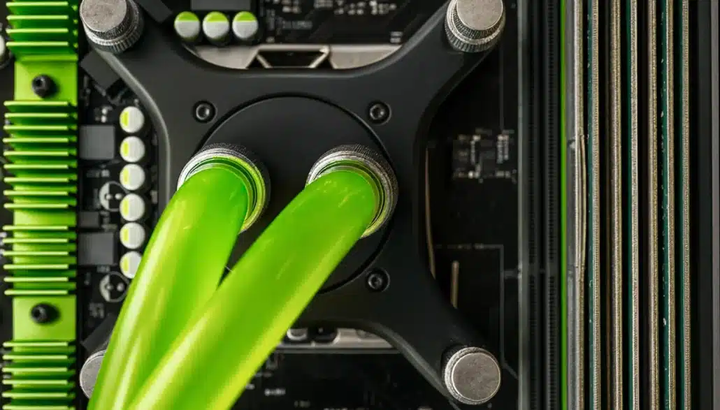 Close-up view of a computers liquid cooling system with two bright green tubes connected to a black component, surrounded by circuit board elements and heatsinks. Close-up view of a computers liquid cooling system with two bright green tubes connected to a black component, surrounded by circuit board elements and heatsinks.