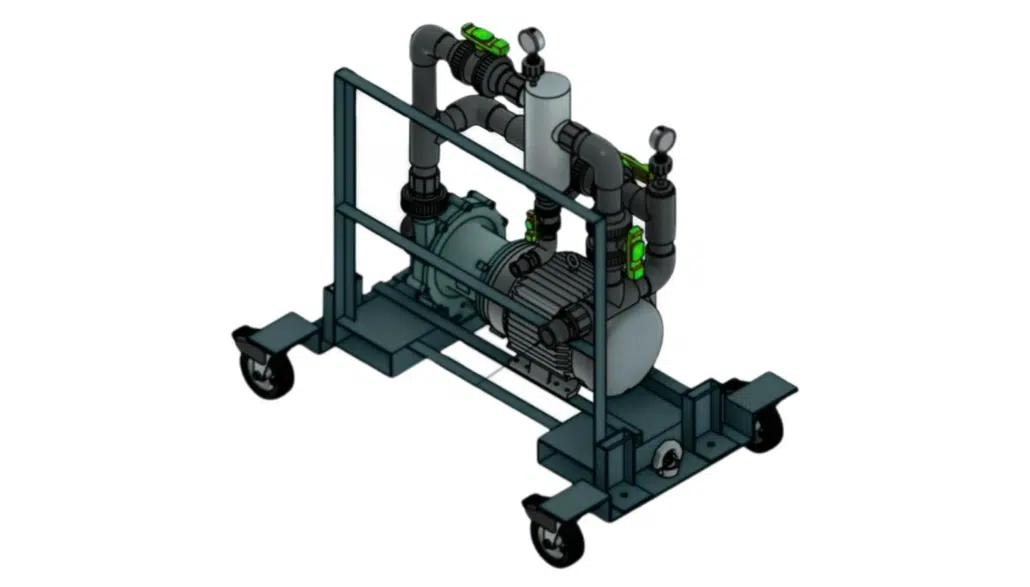 A mobile industrial pump system with pipes, valves, and gauges mounted on a wheeled metal frame, designed for fluid transfer or filtration.