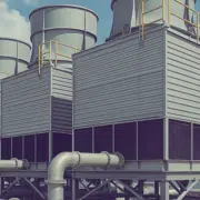Large industrial cooling towers with metal siding and ventilation fans on top, surrounded by pipes, under a partly cloudy sky. Large industrial cooling towers with metal siding and ventilation fans on top, surrounded by pipes, under a partly cloudy sky.