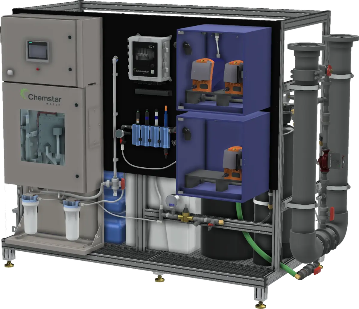 OX Skid component layout — service face view showing dosing pumps, electrolytic cell, filtration, and control panel